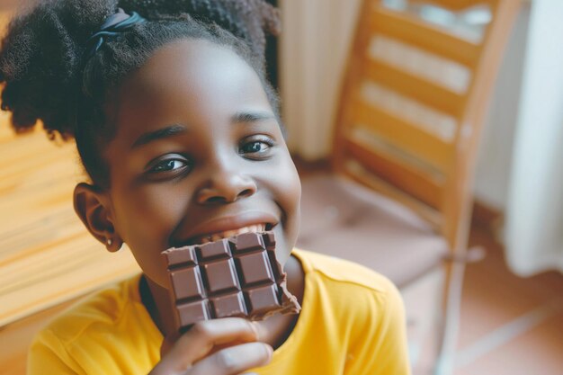 Pretty Afro girl munches chocolate bar unhealthy childrens snacking