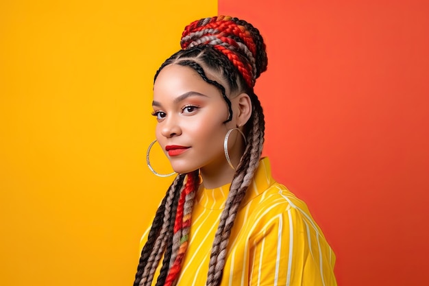 Photo pretty afroamerican woman with colorful braids on a color background generative ai