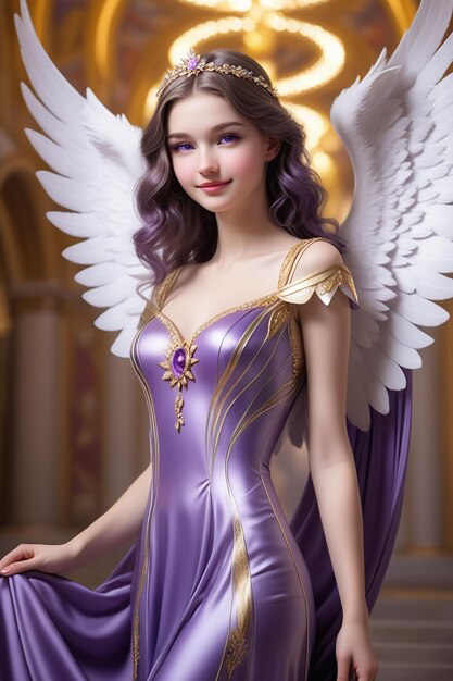 紫のファンタジードレスを着た美しい天使