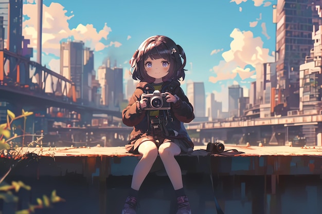 pretty anime girl photographer with a professional camera sitting in city