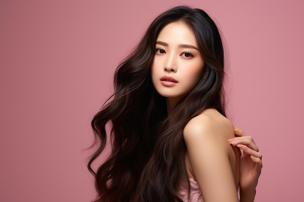 Прекрасная азиатская модель с длинными волосами, шикарным макияжем на лице и идеальной кожей на коленях.