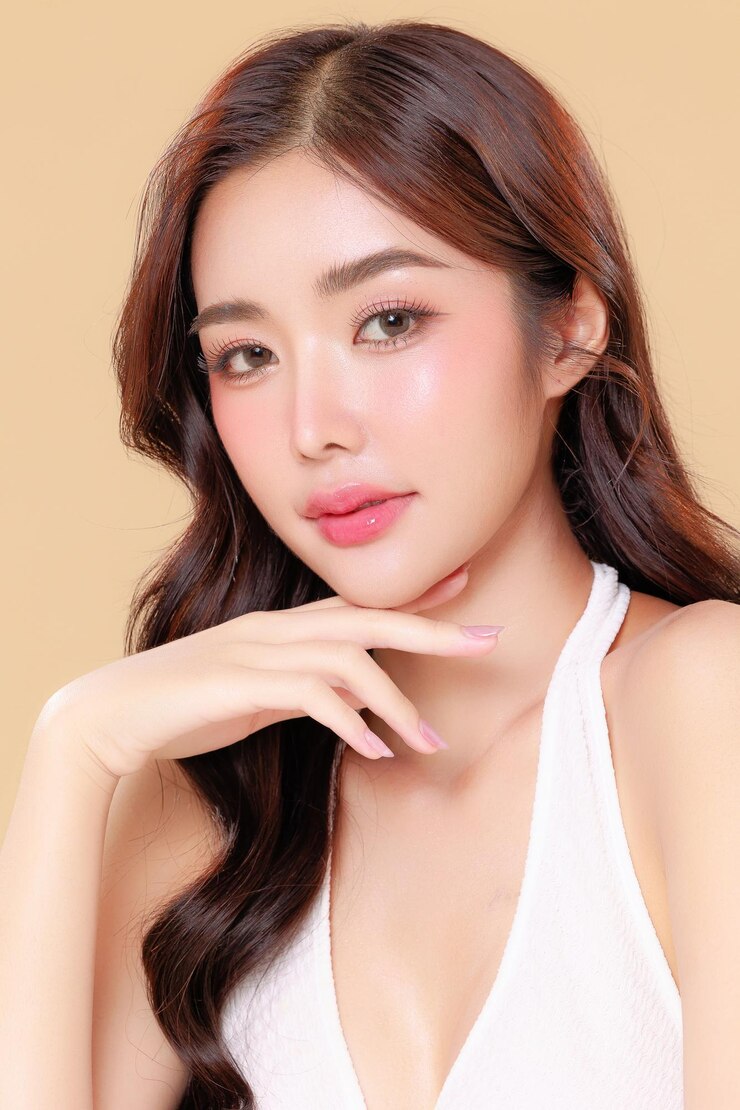 美麗的亞洲美女 卷髮長髮 韓國化<unk> 發光的臉和健康的面部皮膚 肖像微笑在孤立的<unk>色背景 美容 整形外科