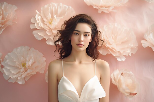 Pretty asian girl posing in front of flowers