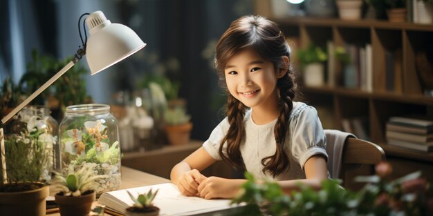 Pretty asian schoolgirl studying homework during her online lesson at home online education concept home schooler Online school Back to school