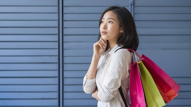 Photo pretty asian woman holding colorful shopping back thinking and looking away