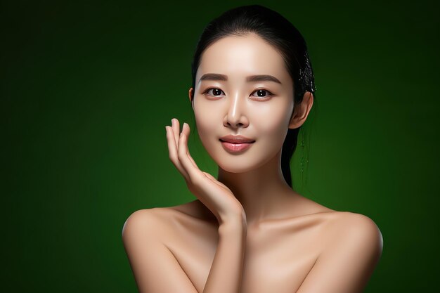 a pretty asian women for face wash product model with hand on her face fresh face beautiful glow