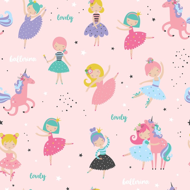 Photo pretty ballerinas with flowers childish seamless pattern.