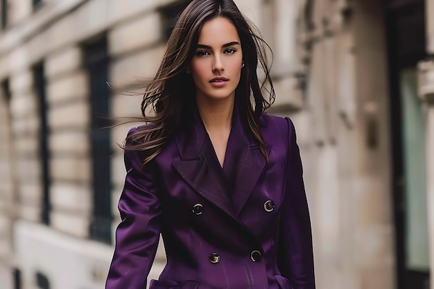 Pretty beautiful stylish woman in purple suit walking in city street