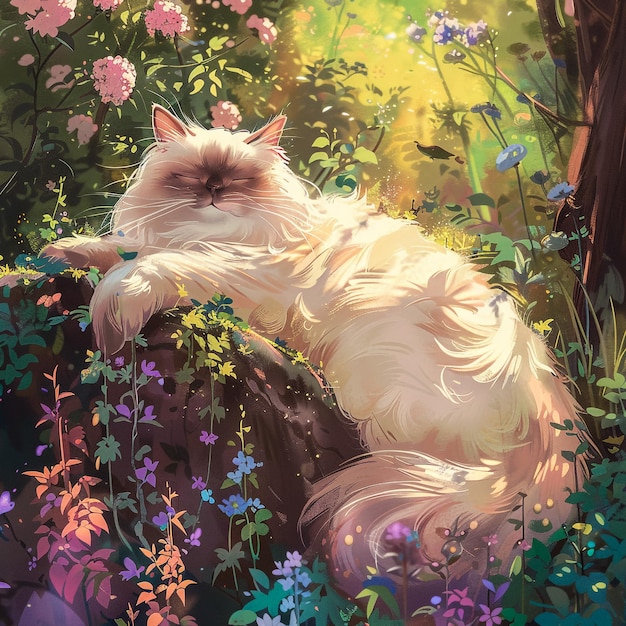 花畑の中に青い目の猫の絵が立っている。 | Premium AI生成画像