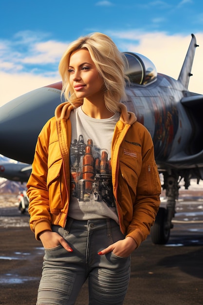 Pretty blond woman posing in the front of aircraft wearin a casual bomber jacket
