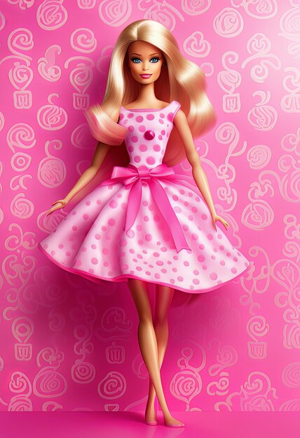 Foto bella barbie bionda che indossa un abito rosa su uno sfondo rosa