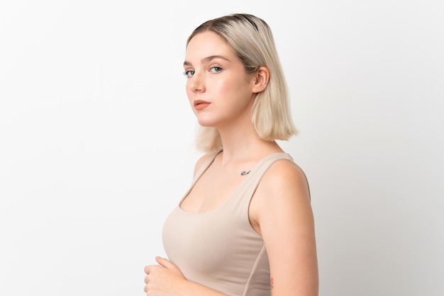 Pretty Blonde caucasian woman isolated on white background