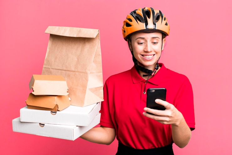 Photo pretty blonde deliverywoman with a paper bag