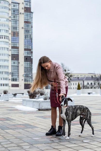 a pretty blonde girl is sitting engaged in training a whippet dog on the street in the city