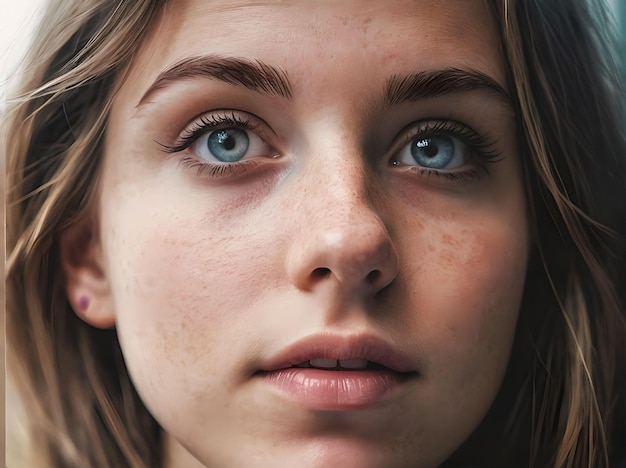 Pretty Blonde Girl with Blue Crystal Clear Eyes and Natural Make Up Headshot Portrait