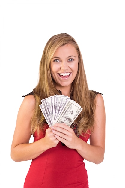 Pretty blonde showing wad of cash