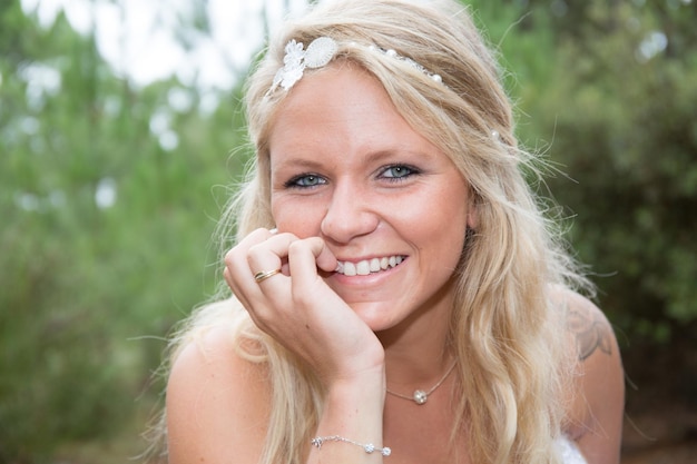 pretty blonde wedding bride outdoor