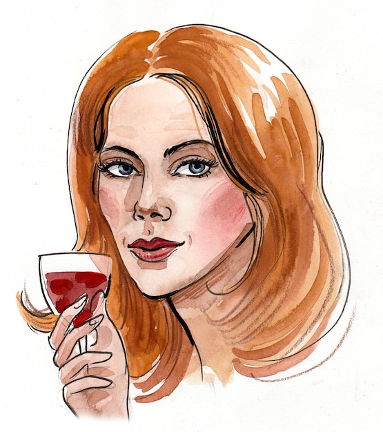 Pretty blonde woman drinking a glass of red wine. Ink and watercolor drawing