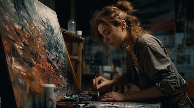 美しい金の女性画家が美術の授業でブラシで絵を描いています