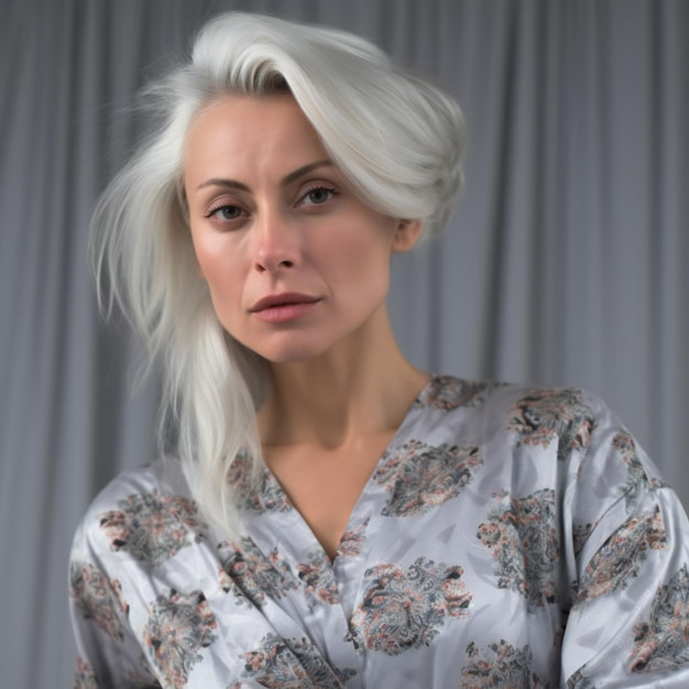 Pretty blonde woman in a short pajama on a gray background