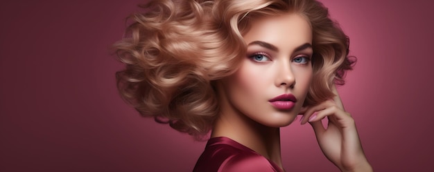 Pretty blonde woman on a silk burgundy background