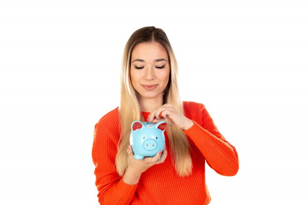 Pretty blonde woman with red jersey and a money box