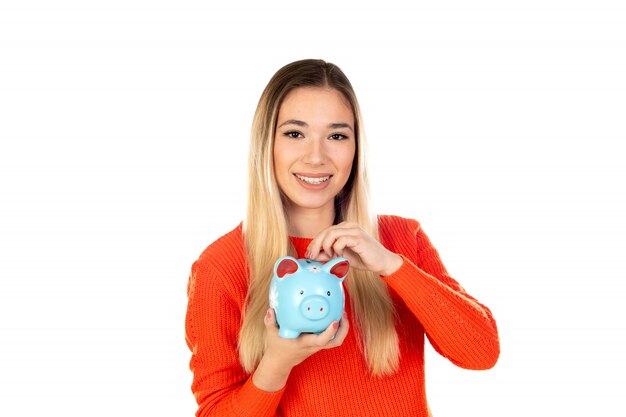 Pretty blonde woman with red jersey and a money box