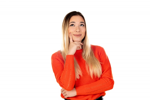 Pretty blonde woman with red sweatshirt