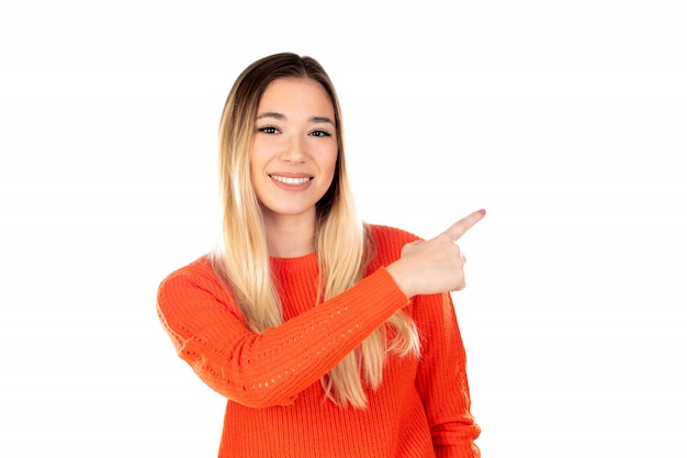 Pretty blonde woman with red sweatshirt