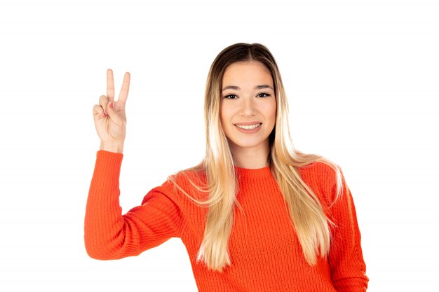 Pretty blonde woman with red sweatshirt