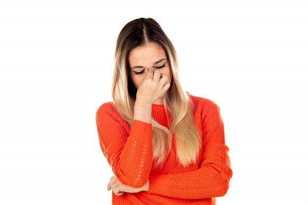 Pretty blonde woman with red sweatshirt