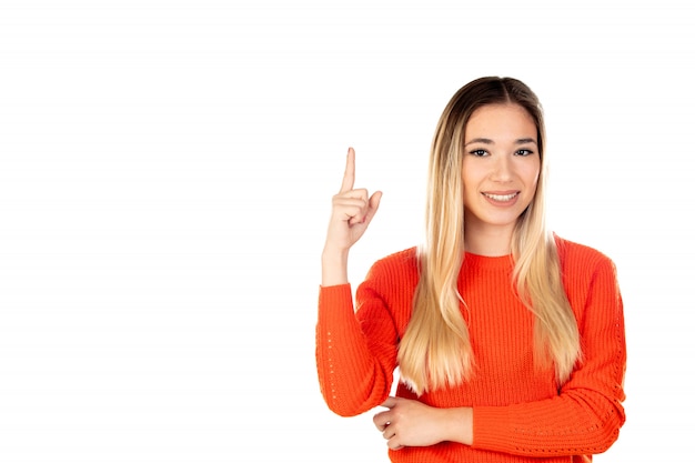 Photo pretty blonde woman with red sweatshirt