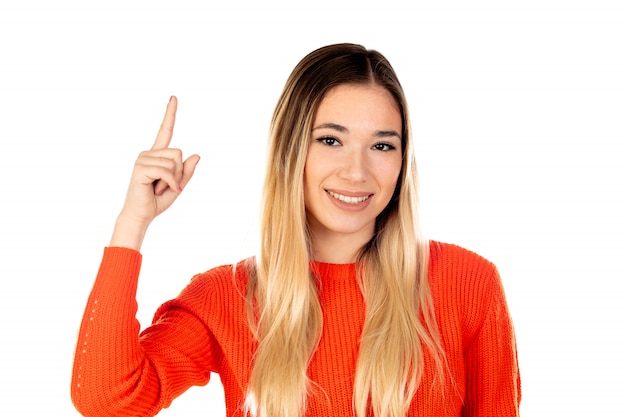 Pretty blonde woman with red sweatshirt