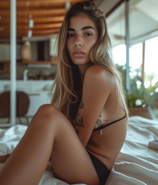 Красивая бразильская модель-инфлюенсер позирует для фото в социальных сетях Молодая сексуальная и красивая брюнетка Бразильская подростка с татуировками позирует в черном нижнем белье на своей постели