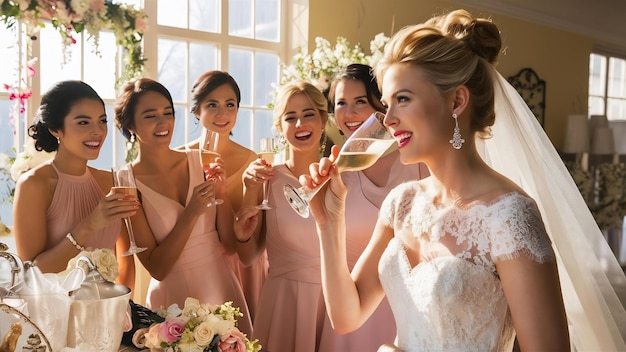 Pretty bride enjoying wedding morning with bridesmaids and holdiing glasses