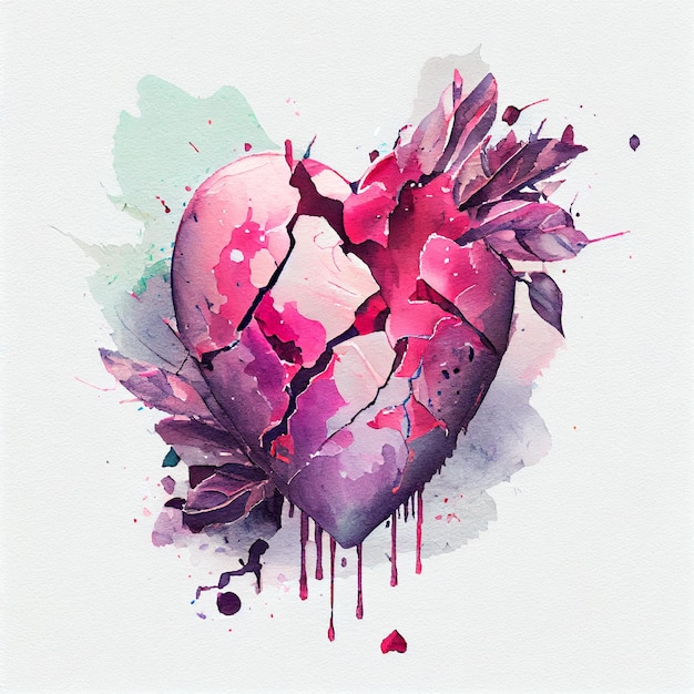 Pretty broken heart watercolor illustration with isolated background