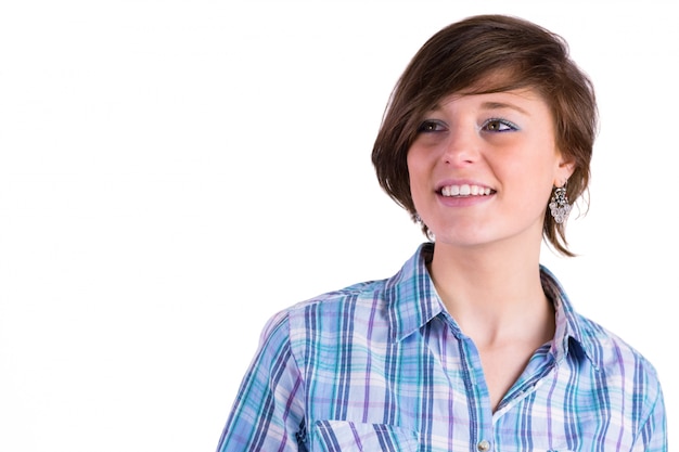 Pretty brunette thinking and smiling