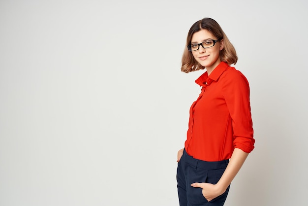 Pretty business woman wearing glasses posing job manager high quality photo