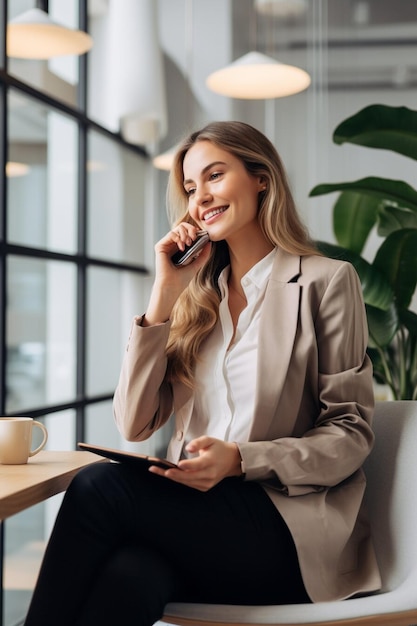 A pretty businesswoman sitting with mobile phone and smiling Success person concept