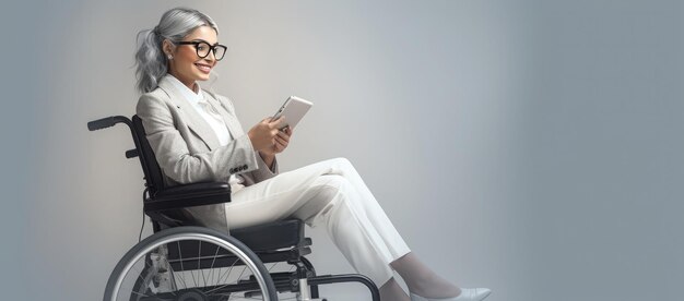 車椅子に乗った美しいビジネスマンが ガジェットで仕事をしています 障害者のための仕事です
