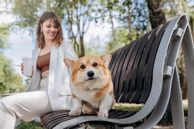 市内の公園に座ってコーヒーを飲み、犬のウェルシュ・コーギー・ペンブロークと一緒にデジタルタブレットに取り組んでいる白いスーツを着たかなりのビジネスウーマン