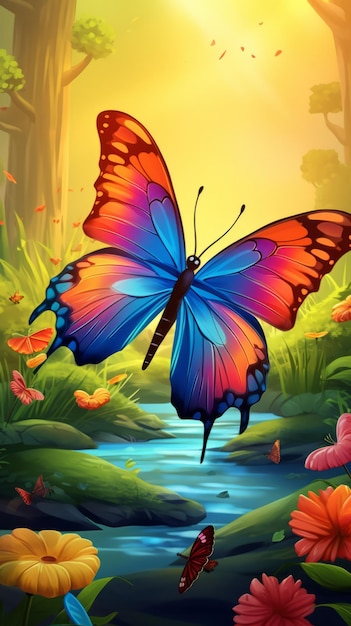 Pretty Butterfly Cartoon with Rainbow