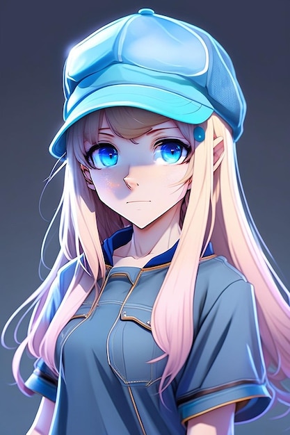 Фото Красивая мультяшная девушка с большими голубыми глазами в шляпе и футболке с коротким рукавом аниме-персонаж крутая школьница из мультфильма