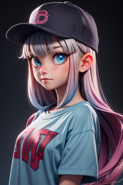 Pretty cartoon girl with blue big eyes wearing a hat and short sleeve t shirt anime character cool