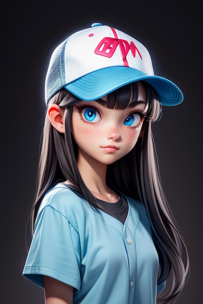 파란색 큰 눈을 가진 예쁜 만화 소녀 모자와 짧은 팔 티셔츠를 입고 애니메이션 캐릭터 멋지다