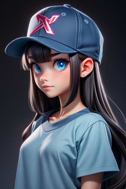 Pretty cartoon girl with blue big eyes wearing a hat and short sleeve t shirt anime character cool