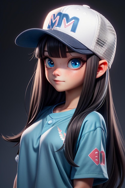 파란색 큰 눈을 가진 예쁜 만화 소녀 모자와 짧은 팔 티셔츠를 입고 애니메이션 캐릭터 멋지다