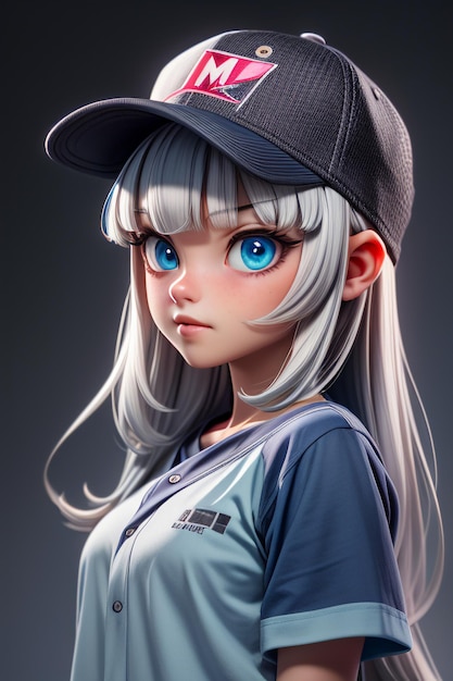 Pretty cartoon girl with blue big eyes wearing a hat and short sleeve t shirt anime character cool