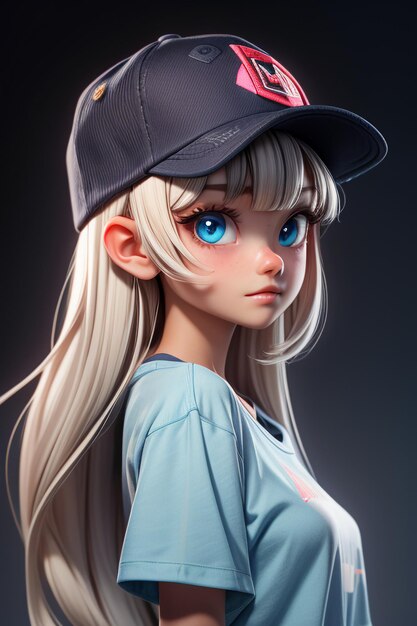 Pretty cartoon girl with blue big eyes wearing a hat and short sleeve t shirt anime character cool