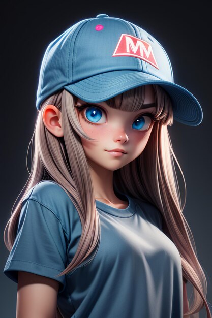 Pretty cartoon girl with blue big eyes wearing a hat and short sleeve t shirt anime character cool